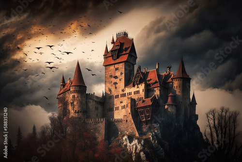 Scary horror and haunted Dracula medieval vampire castle with bats. Halloween myth and legend. Creepy atmosphere with big clouds. Ai generated
