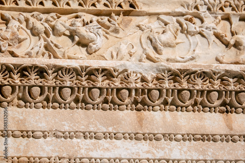Close-up of a pattern at the Temple of Hadrian at the Ephesus archaeological site in Turkey. photo