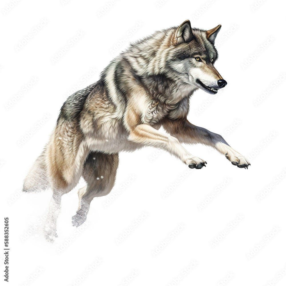 illustration of a jumping photo-realistic wolf on transparent background