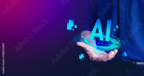 Businessman holding microchip processor with lights on the blue background. hologram digital chatbot, application, conversation assistant, digital chatbot on virtual screen.