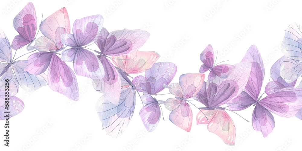 Pink, lilac and blue butterflies, gentle, airy, flying. Watercolor illustration. Seamless border on a white background. For decoration and design of posters, wallpapers, postcards, fabrics, textiles.