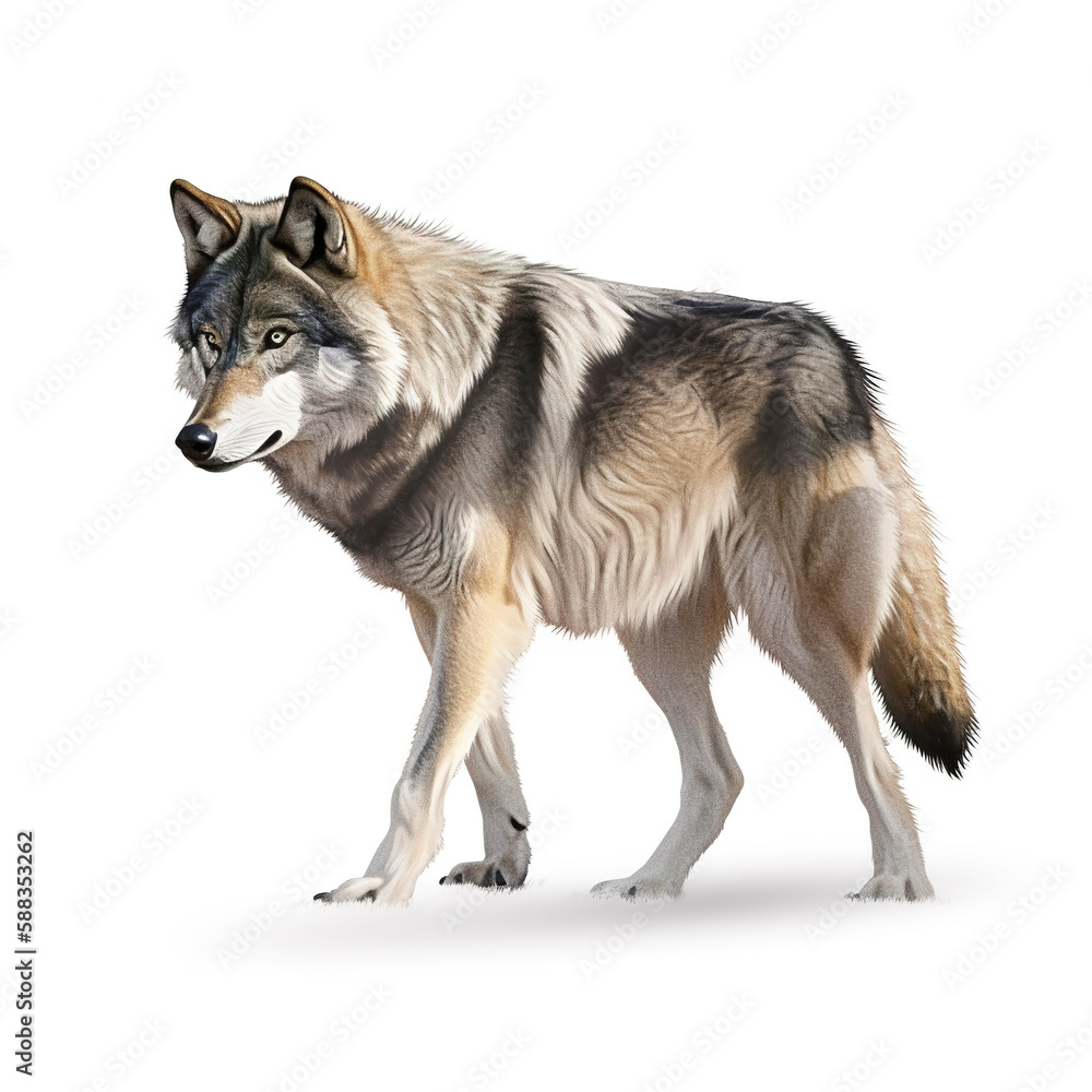 illustration of a cut out standing, walking photo-realistic wolf on transparent background