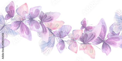 Pink  lilac and blue butterflies  gentle  airy  flying. Watercolor illustration. Seamless border on a white background. For decoration and design of posters  wallpapers  postcards  fabrics  textiles.