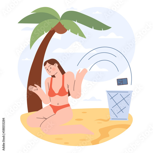 Digital detox. Female character taking a break from digital device