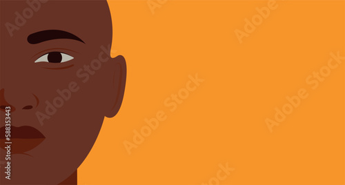 Black woman or black man, nationalities face close-up. Montage of positive human eyes, on yellow background with space for text.  Equality, diversity, ethnicity, Beautiful black, Dark, African