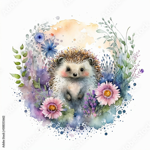 baby Urchin, watercolor animal with delicate flower arch, drawing for children's room, storybook, nurcery wall art, generative ai,  photo