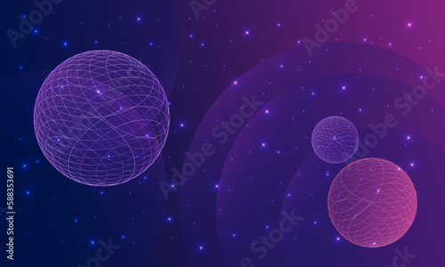 Blue and purple virtual space with planets and stars. and gradient colour waves. Digital world, futuristic background. Vector illustration