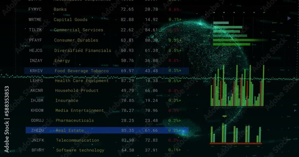 Animation of financial data processing over globe Animation of financial data processing over globe