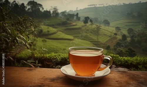 Cup of hot tea with sacking on the wooden table and the tea plantations background, generative AI