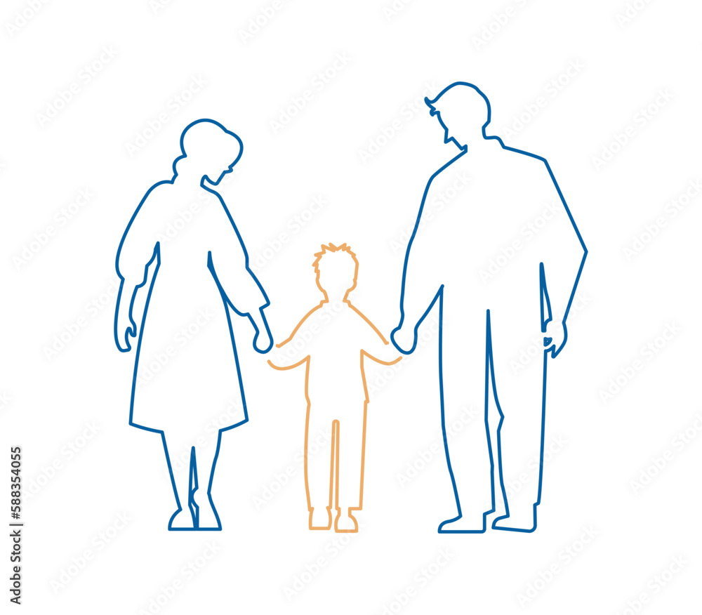 Father and mother figure holding hands with child. Mom with dad and son. Vector illustration for concepts of family.