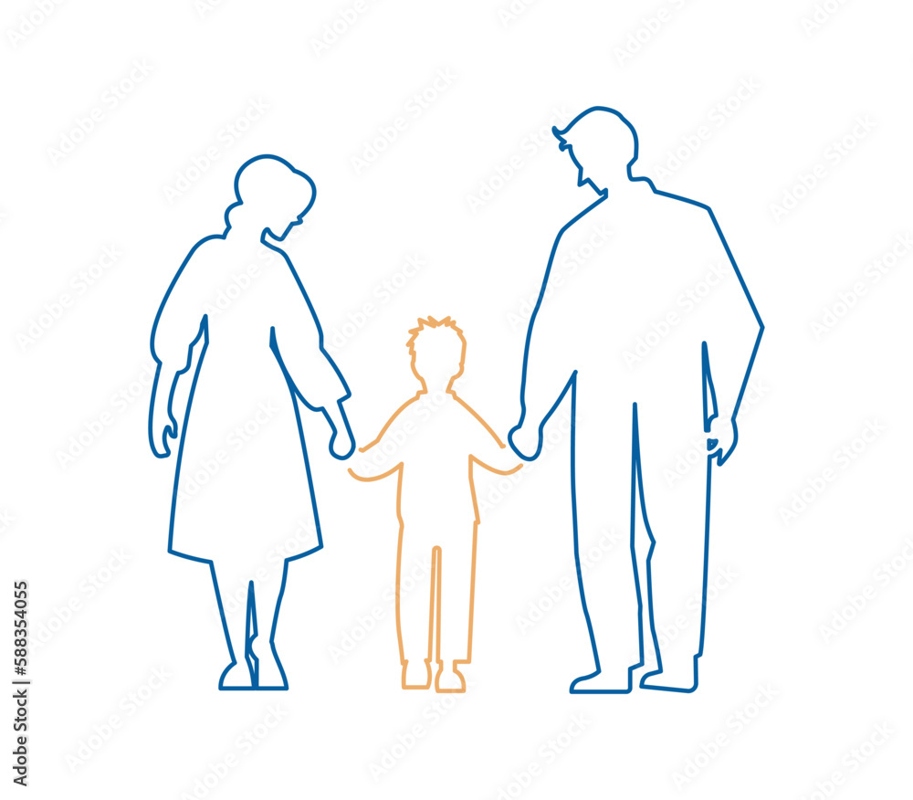 Father and mother figure holding hands with child. Mom with dad and son. Vector illustration for concepts of family. Father and mother figure holding hands with child. Mom with dad and son. Vector illustration for concepts of family.