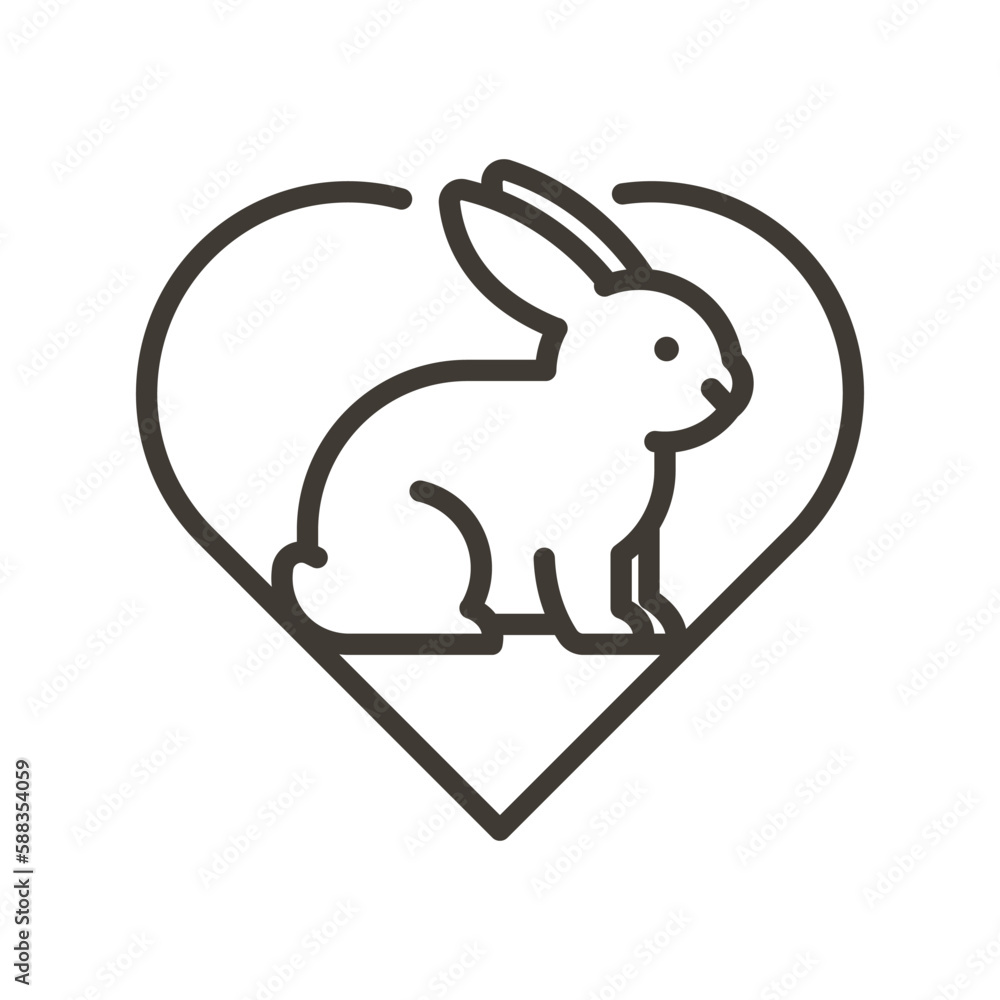 Vector thin line icon outline linear stroke illustration of a cute little rabbit with a heart - obrazy, fototapety, plakaty 