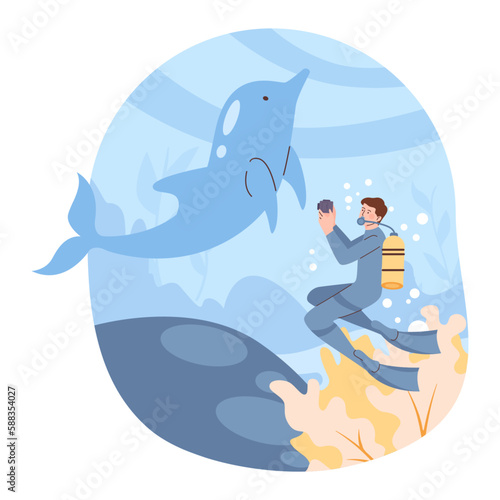Scuba diving. Character in diving mask swimming in sea or ocean,