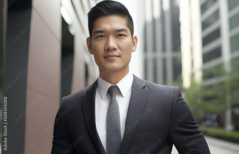 A fictional people. Portrait of young confident asian businessman wearing suit in the street of city. Generative AI A fictional people. Portrait of young confident asian businessman wearing suit in the street of city. Generative AI