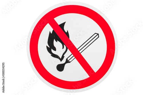 Photo round prohibitory sign isolated on white background. Starting fire is prohibited. Burning match is crossed out with red line..