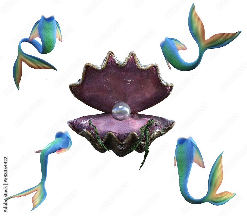 Obraz premium 3d render shell perl and mermaid tails