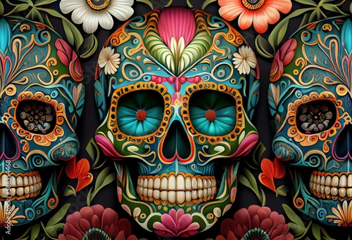 Calavera Sugar Skull 3d Computer-Generated Image Made To Look Hyperrealistic In A Unique Artistic Style, Isolated, Floral Skull For Dia De Los Muertos. Repeating Seamless Pattern. Generative AI