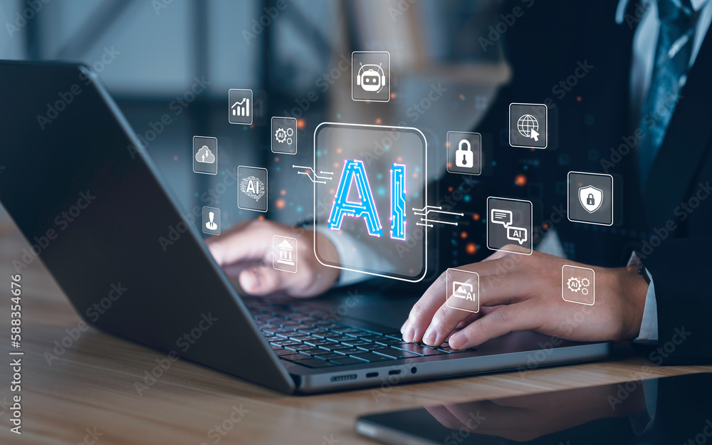 Technology tool AI, artificial smart robot intelligence to generate something or Help solve work problems. businessman using technology AI as the working tool. Chat bot Chat with AI, Technology tool AI, artificial smart robot intelligence to generate something or Help solve work problems. businessman using technology AI as the working tool. Chat bot Chat with AI,