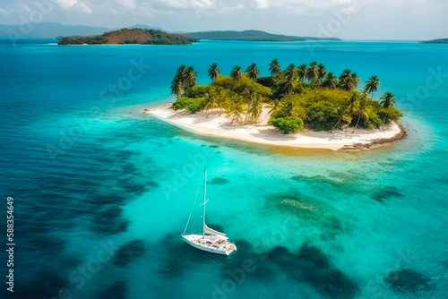 White sailing yacht in turquoise waters near a small tropical island. High quality generative ai