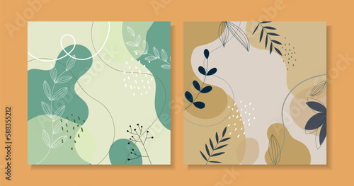 Set of exotic floral, flowers and plants abstract hand drawn vector background. © Suryadi