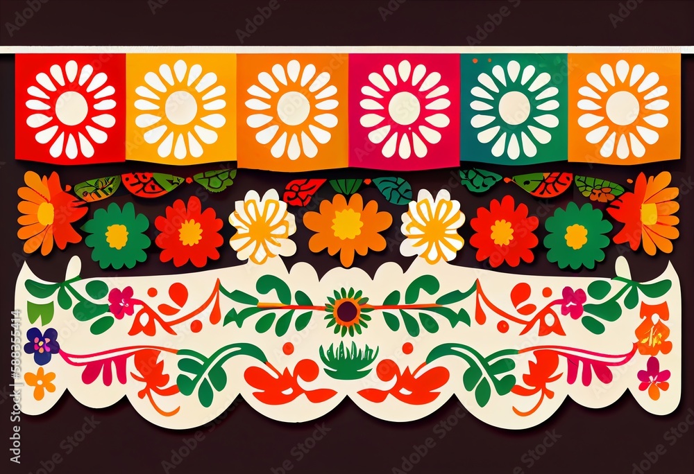 A papel picado banner with colorful floral patterns. Cinco de Mayo. Generative AI