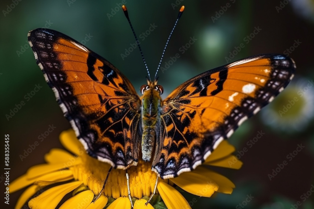 Incredibly butterfly wings with colors. Tropical butterfly with amazing colorful pattern sitting on a flower macro. Ai generated