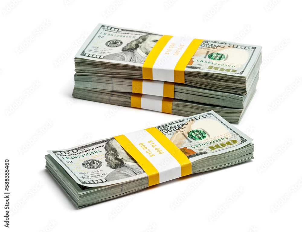 Creative business finance making money concept - stack of bundles of 100 US dollars 2013 edition banknotes bills isolated on white Creative business finance making money concept - stack of bundles of 100 US dollars 2013 edition banknotes bills isolated on white