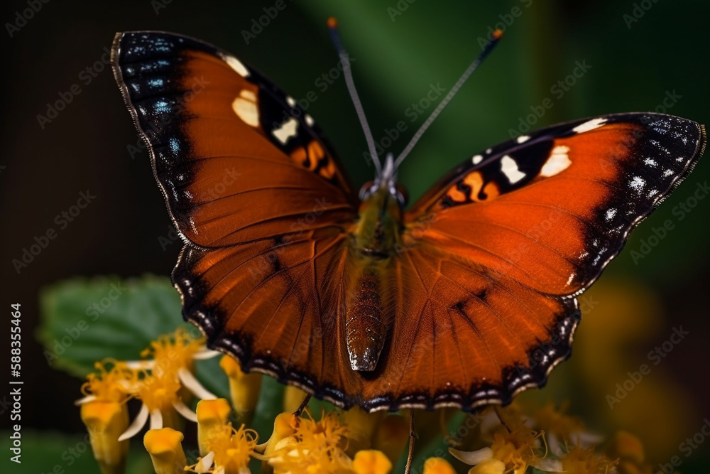 Fototapeta premium Incredibly butterfly wings with colors. Tropical butterfly with amazing colorful pattern sitting on a flower macro. Ai generated