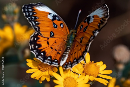 Incredibly butterfly wings with colors. Tropical butterfly with amazing colorful pattern sitting on a flower macro. Ai generated