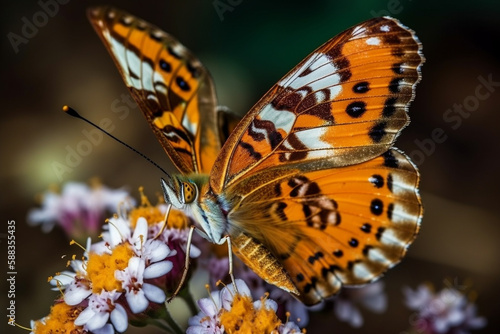 Incredibly butterfly wings with colors. Tropical butterfly with amazing colorful pattern sitting on a flower macro. Ai generated © dragomirescu