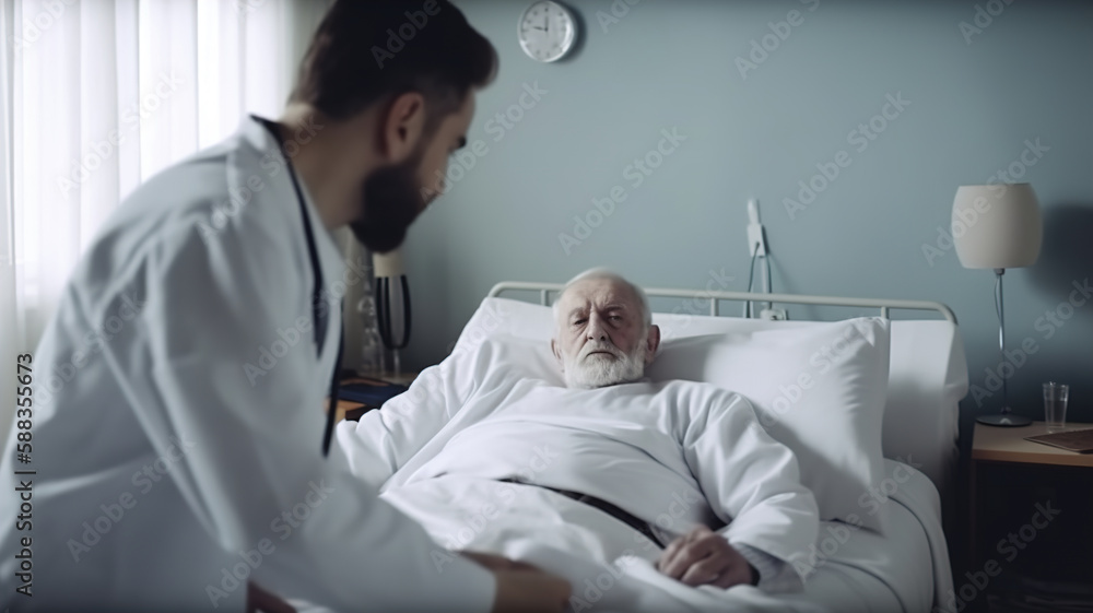 Obraz premium Doctor Have Discussion with Senior Man Lying in the Bed, Health Care Professionals at Work