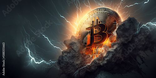 Abstract Bitcoin image glows from lightning strike. Strengthening and growth of cryptocurrency. Generative AI photo