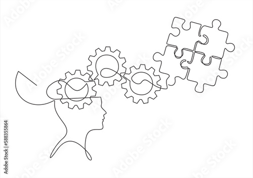 head with gears and puzzle.continuous line