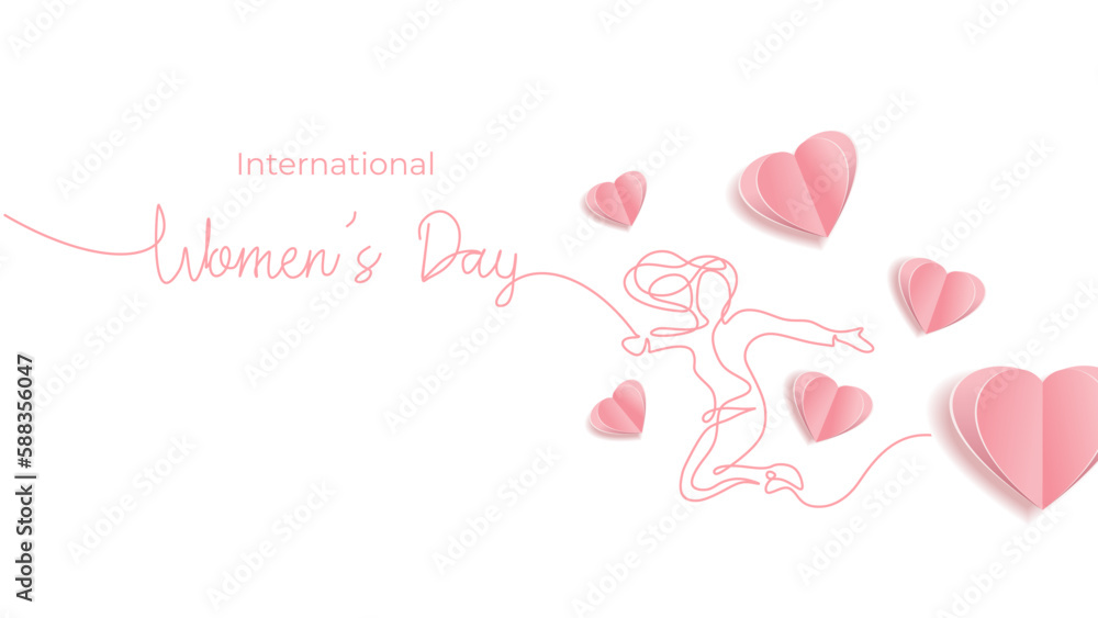 International womens day card. Woman jump with heart paper cut. Vector illustration continuous one line drawing with pink colors background.