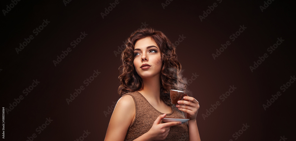 Coffee advertisement for cafe menu. Girl with a cup of espresso dreaming about something. Neon lights. Coffee advertisement for cafe menu. Girl with a cup of espresso dreaming about something. Neon lights.