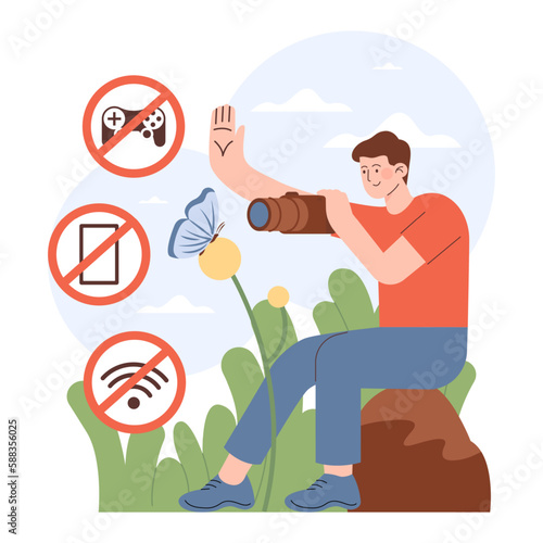 Digital detox. Character taking a break from digital device. Photographer