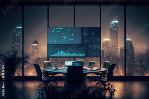 Empty meeting room with round table in middle with big screen above displaying financial chart against panoramic window and night big city landscape with towers and skyscrapers. Generative AI photo