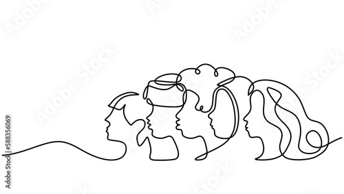 Multicultural Sisterhood: A Celebration of International Women's Day through Equality, Solidarity, and Cooperation. Continuous one line drawing vector illustration, minimalist design.
