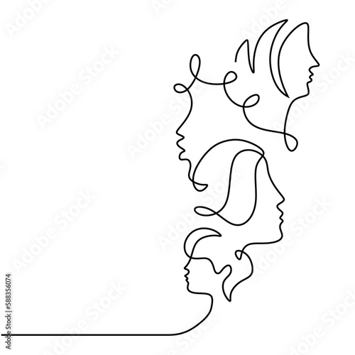 Multicultural Sisterhood: A Celebration of International Women's Day through Equality, Solidarity, and Cooperation. Continuous one line drawing vector illustration, minimalist design.