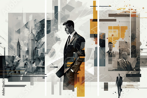 Minimal art in gray and yellow colors of serious pensive businessman of big corporation staring at big cityscape with skyscrapers and towers after meeting with partners. Generative AI