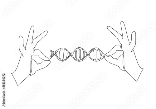 One continuous line drawing of hands holding DNA. vector illustration