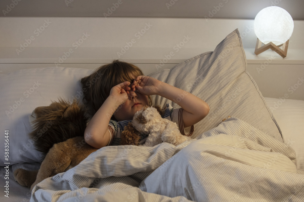 The child was scared before going to bed. Night terrors in a child. The kid covers his face with his hands in a fear. Children's experiences. Boy in the bed. Sad psychological state.
Terrible dream. The child was scared before going to bed. Night terrors in a child. The kid covers his face with his hands in a fear. Children's experiences. Boy in the bed. Sad psychological state.
Terrible dream.