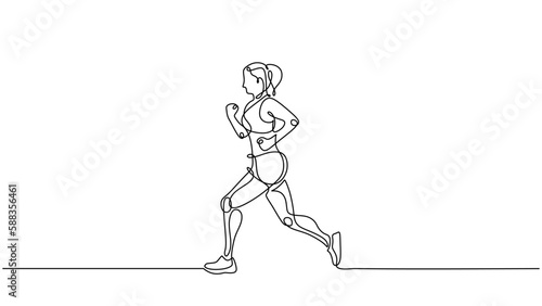 Runner one line drawing. Continuous single hand drawn sketch. Woman run on the road. Girl doing exercise sport.