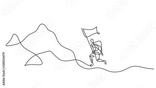 Hiking mountain vector. Continuous one line drawing, people holding a flag and climbing a peak. Victory and success metaphor.