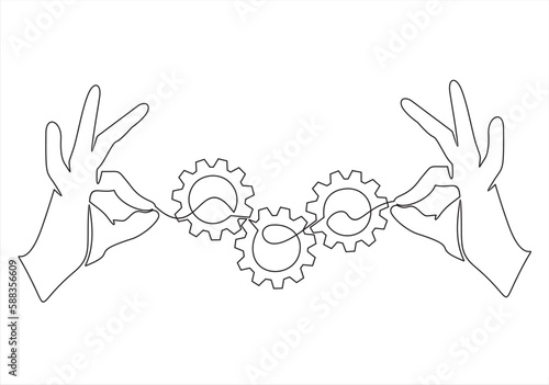 continuous one single line drawing of hand holding gears, tech development, engineering, technology