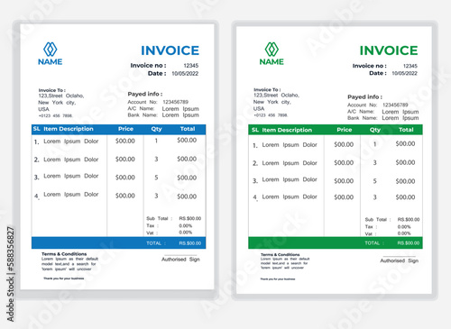 Business Minimal Corporate Invoice design template vector illustration bill form price . Creative template and stationery design payment agreement design template Cash Memo, Vector Quotation Design