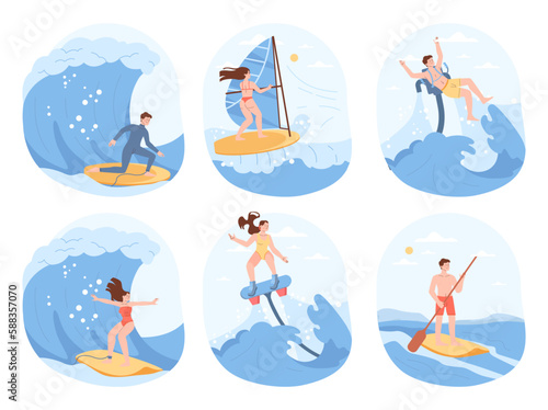 Summer beach sport. Character doing different water activity. Man and woman