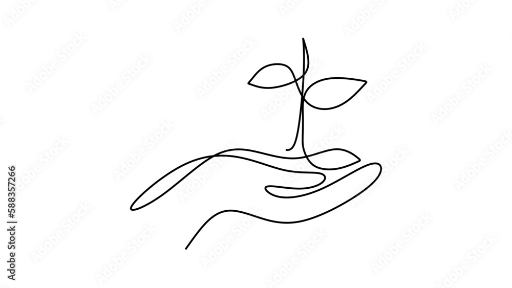 Line drawing of plant on hand. Continuous one hand drawn minimalist. Line drawing of plant on hand. Continuous one hand drawn minimalist.