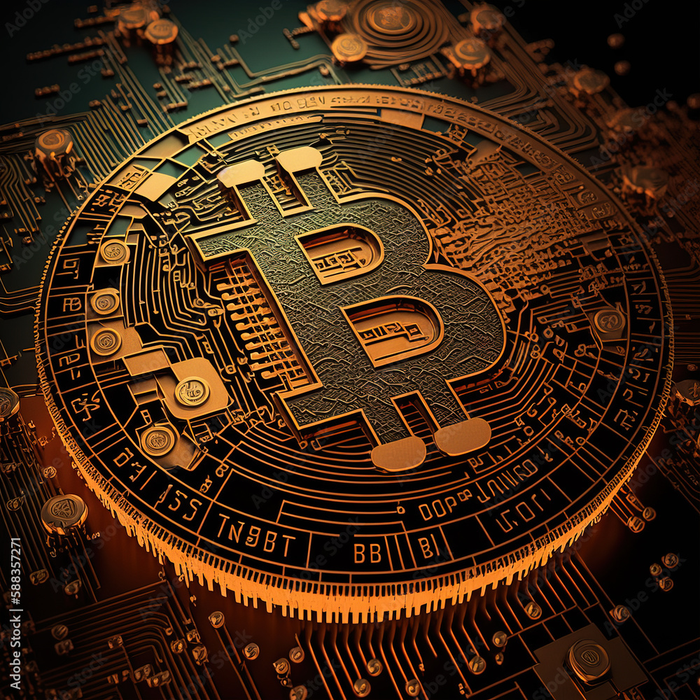 Closeup top view of golden bitcoin icon in circle of circuit board, cryptocurrency mining device and process. Trading and investing of digital money. Generative AI
