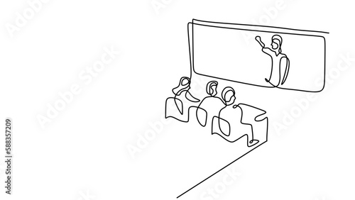 Micro teaching class concept. Teacher or lecturer giving a lecture. Continuous one line drawing. Minimalist hand drawn education theme vector illustration, Study time design.